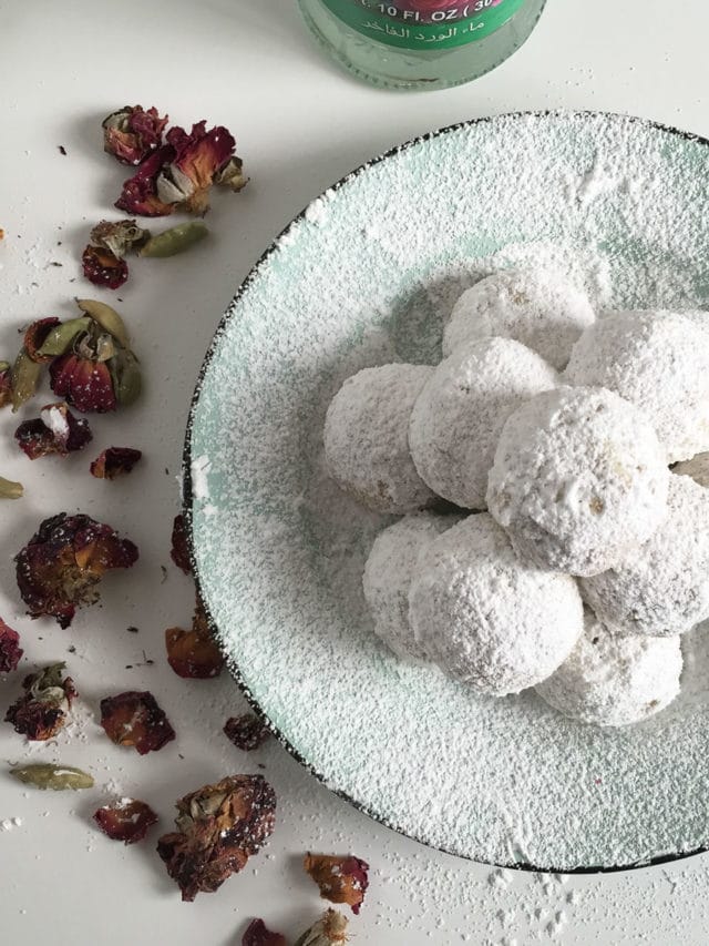 Pistachio Snowball Cookies with Rose and Cardamom