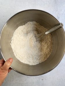 Dry ingredients whisked in mixer bowl.