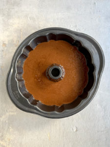 Cake batter in prepared Bundt pan.