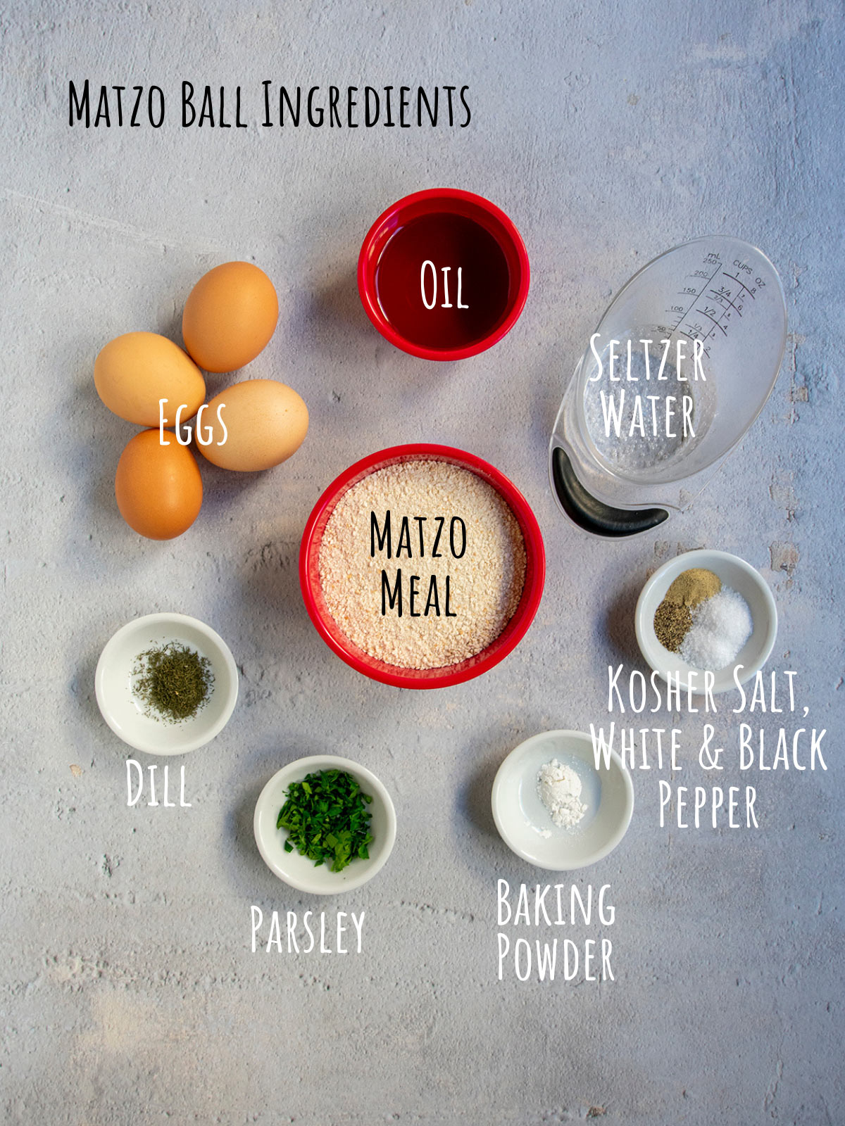 Ingredient shot for the matzo balls on a light blue background.