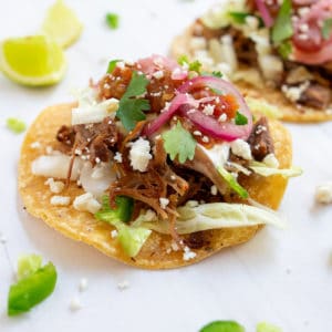 Close up of carnitas taco on a white background.