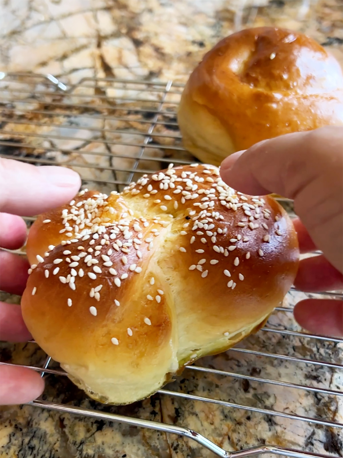 Two hands about to pick up a knotted baked challah roll with a round challah roll in the background.