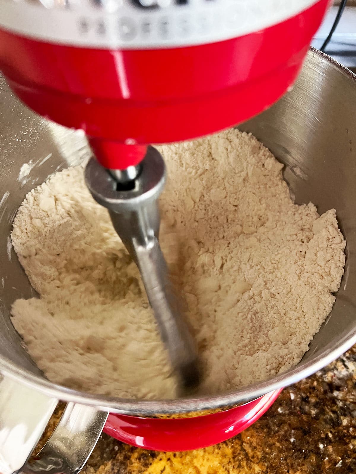 Pie crust in the stand mixer turning into pea size pieces.