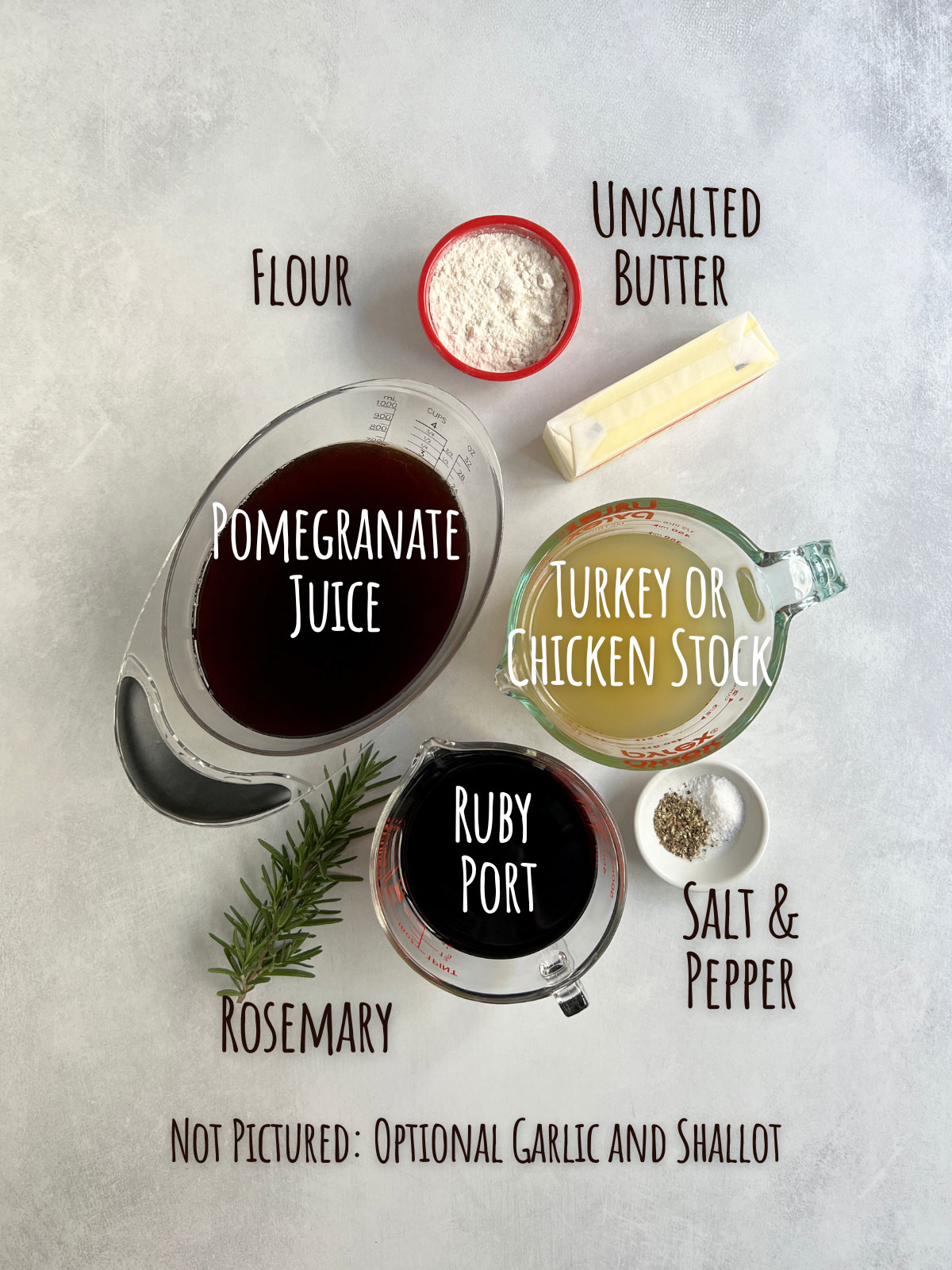 Ingredient shot for pomegranate gravy show all the liquids and flavoring ingredients.