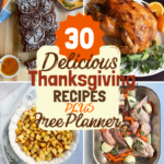 Collage of Thanksgiving recipes with a title that says 30 delicious thanksgiving recipes in the center.