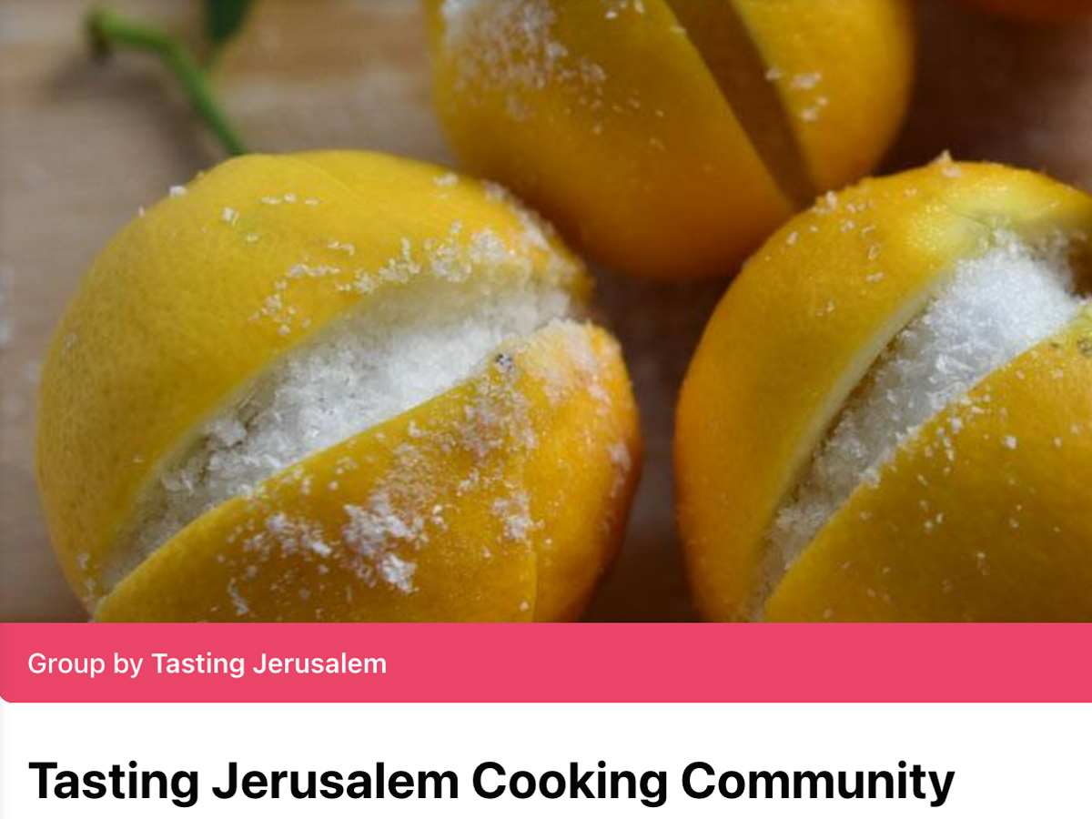 Image show ready to preserve lemons and the headline from a Facebook group called Tasting Jerusalem.