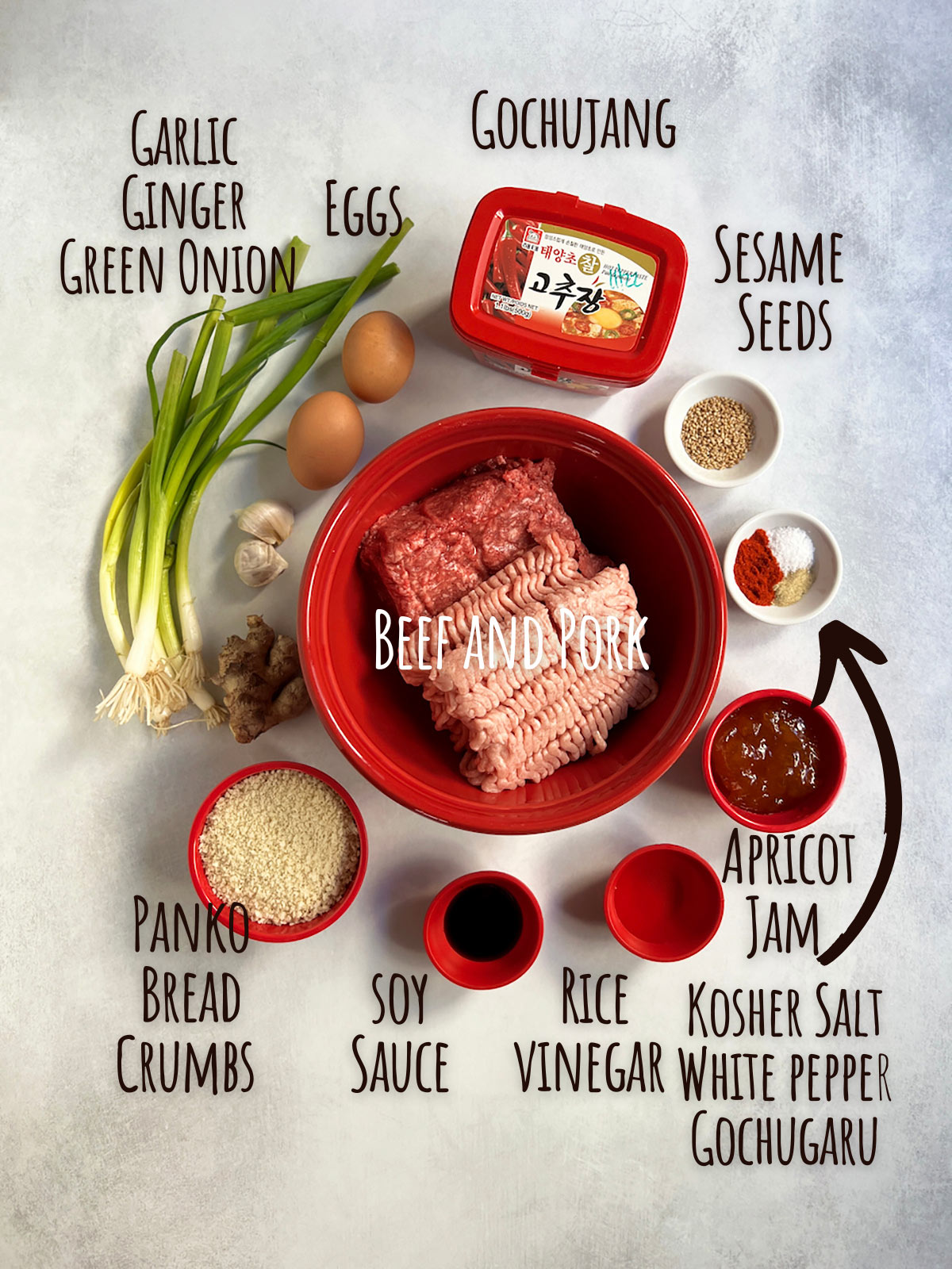 Ingredient shot for Korean meatballs with the meat in the middle in a red bowl and all other ingredients circled around the bowl.