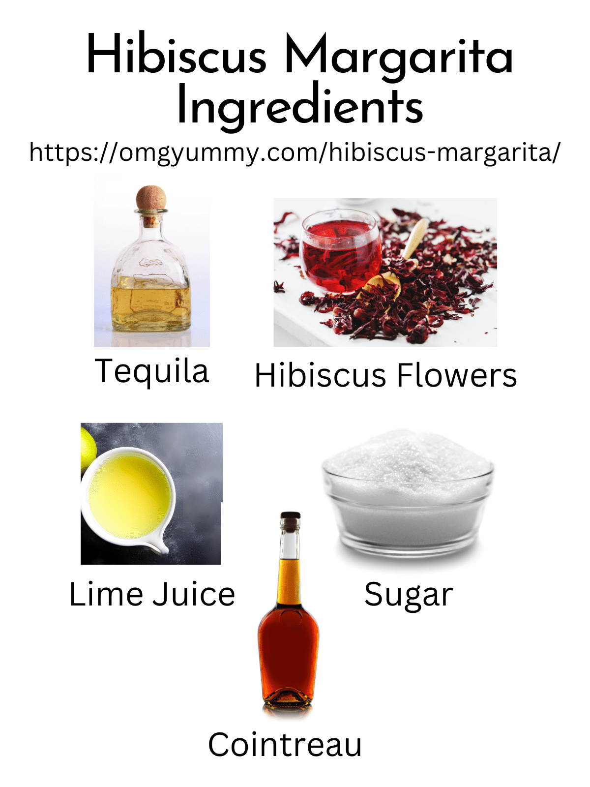 Ingredient shot for hibiscus margarita showing the tequila, hibiscus flowers, lime juice, sugar and cointreau on a white background.