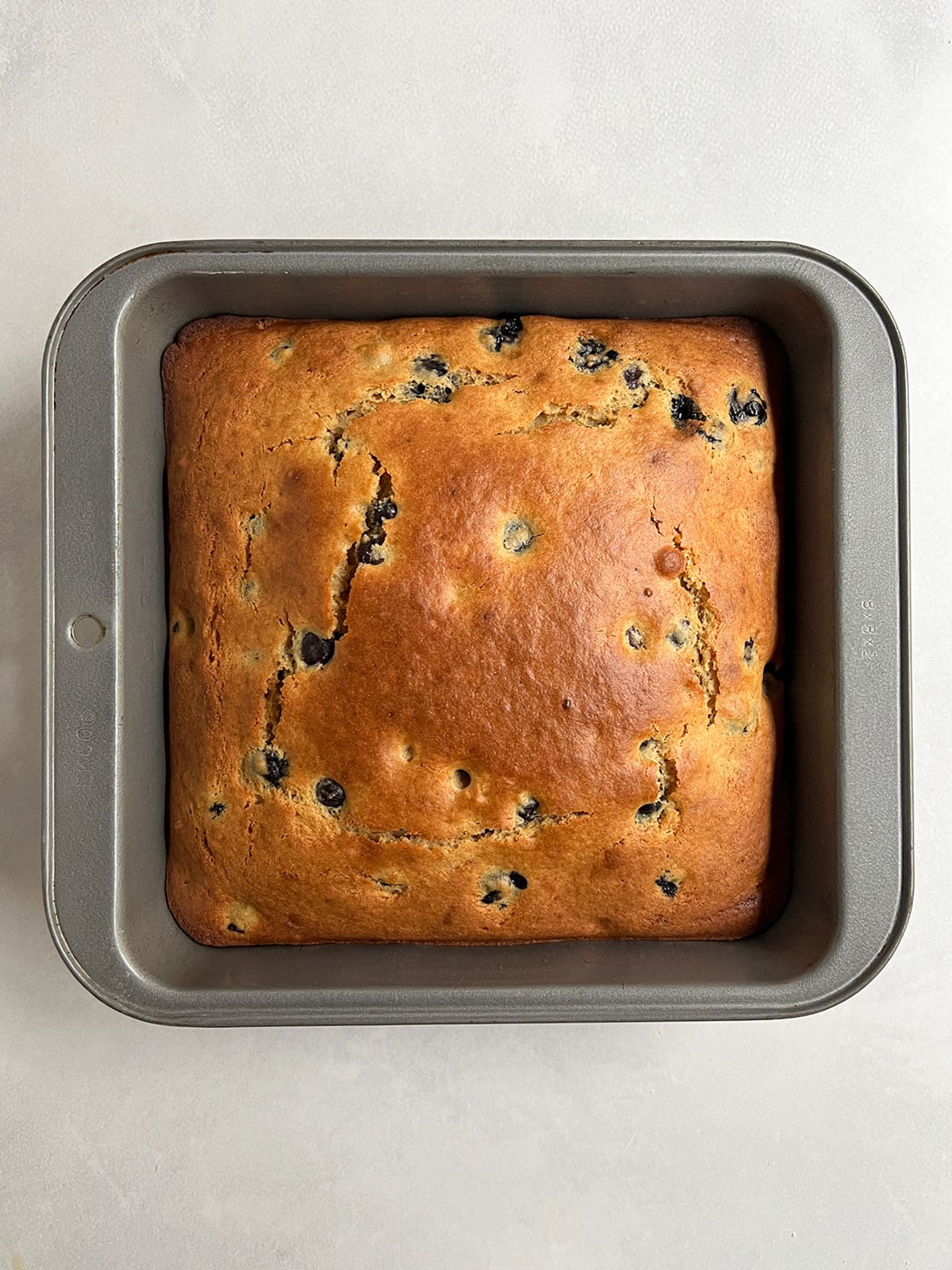 Blueberry tea cake baked and still in square cake pan.