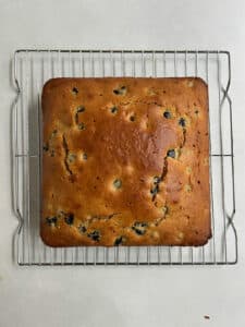 Baked olive oil blueberry cake on a wire rack.
