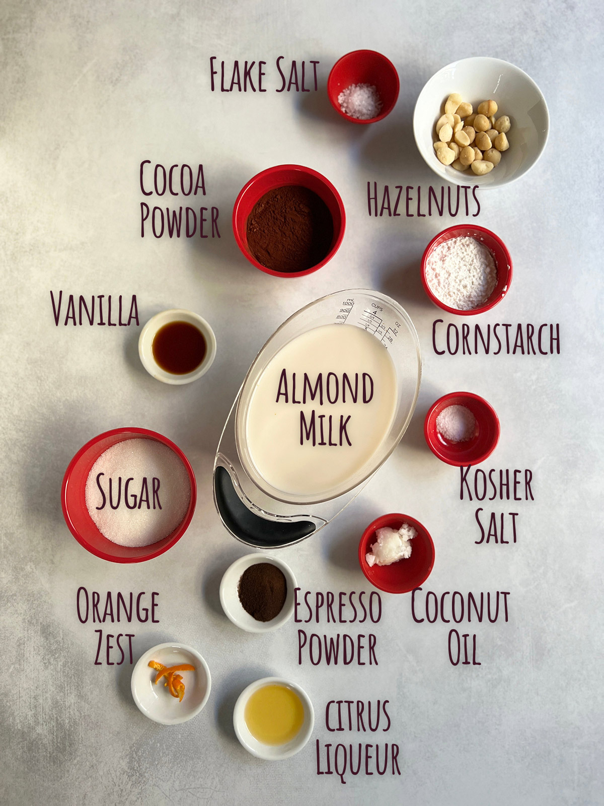 Ingredient shot for vegan chocolate pudding showing 8 ingredients plus 4 options ingredients.