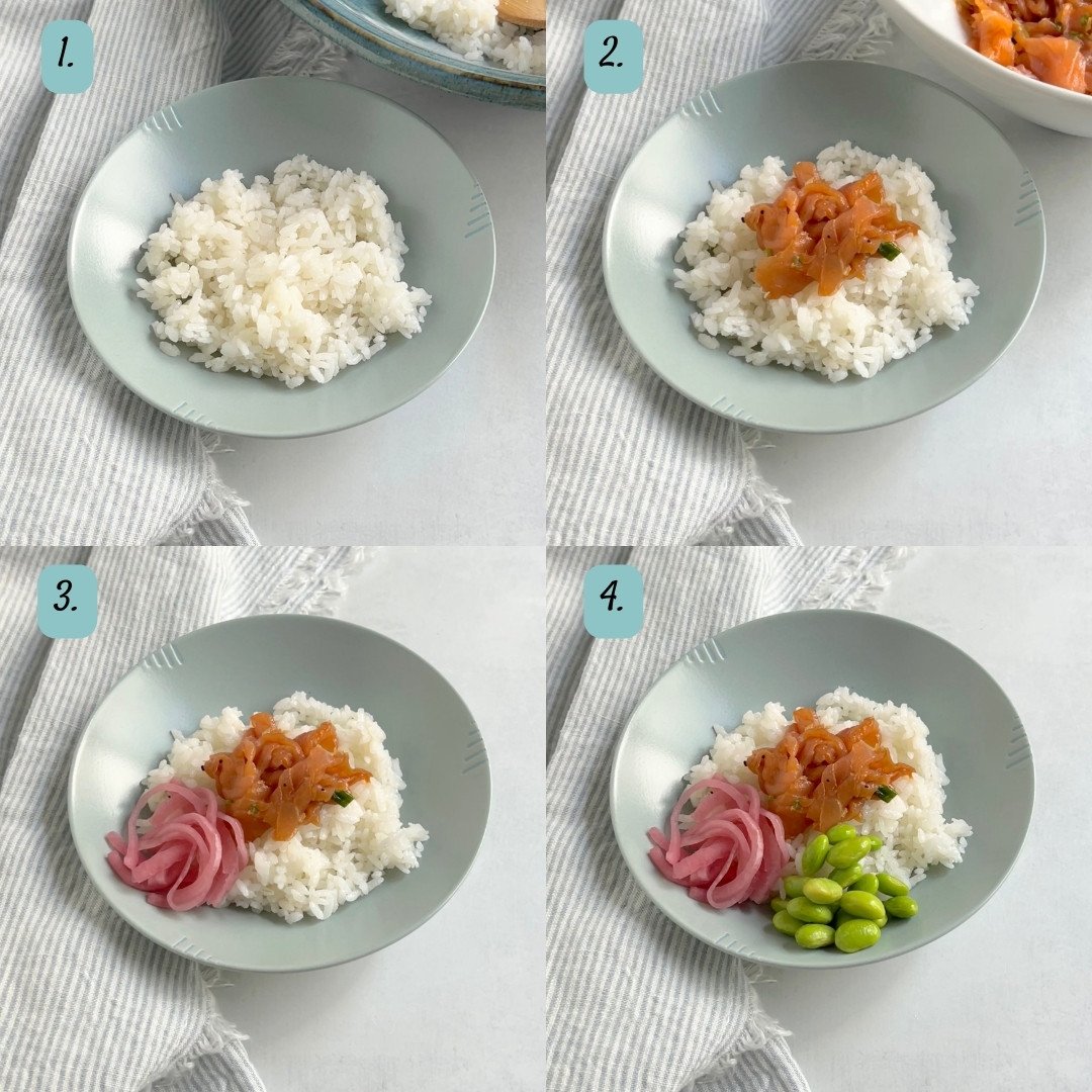 Process shot with four pictures showing the progression of putting the smoked salmon poke bowls together.