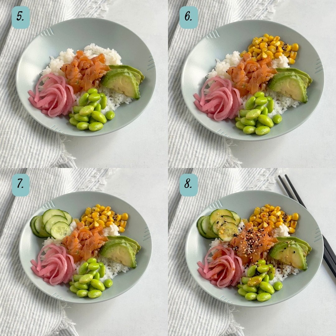 Last 4 steps of putting the poke bowls together.
