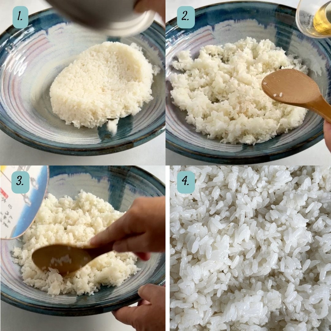 Process collage with four steps showing how to make sushi rice.