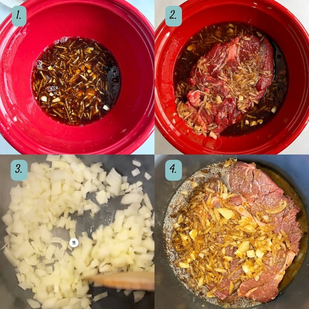 four image picture showing process of marinating meat and getting it into the pressure cooker.