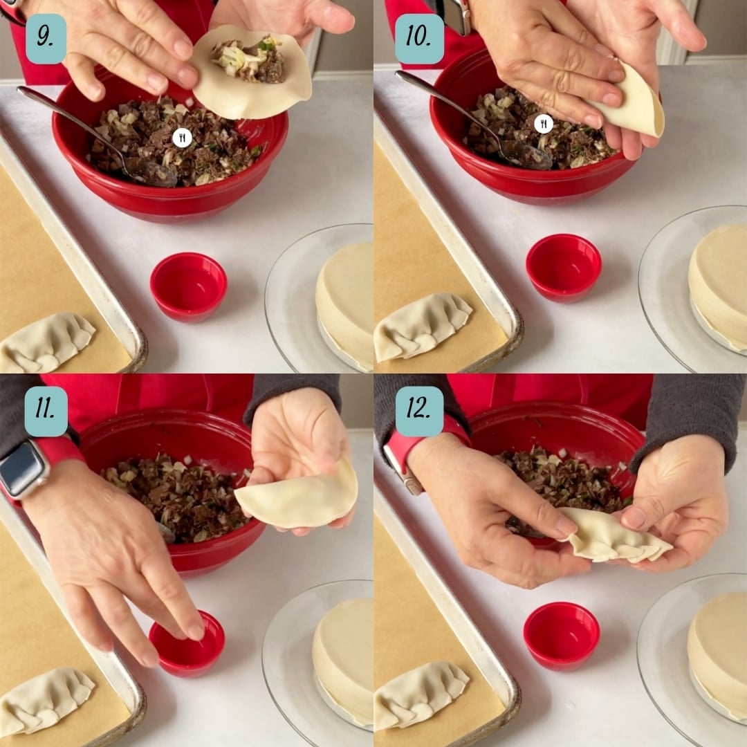 Four photos showing how to fold and form mandu.